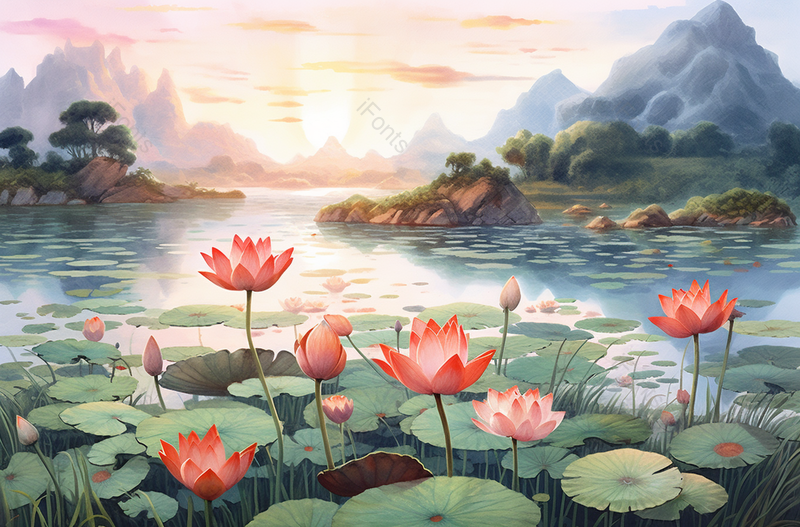 湖面荷花风景背景,插画/手绘图,插画/手绘图库,插画/手绘图下载,插画/手绘